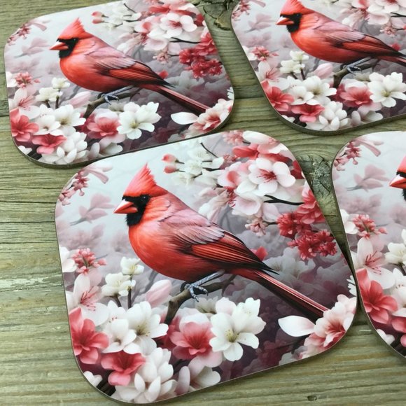 Male Cardinal and Flowers Set of 4 Coasters - Picture 2 of 7